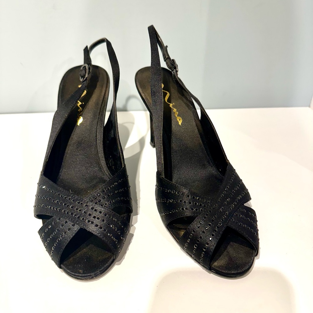 Nina Elegant Black Satin Slingback Heels with Studded Crisscross Straps - Picture 2 of 14
